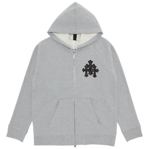Chrome-Hearts-Paper-Jam-Triple-Leather-Cross-Zip-Up-Hoodie-Grey-Heather Chrome Hearts Paper Jam Triple Leather Cross Zip Up Hoodie Grey Heather