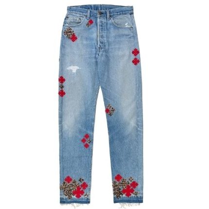 Chrome Hearts Suede Red & Leopard Cross Patch Jeans Blue