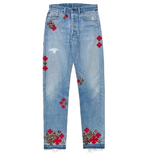 Chrome-Hearts-Suede-Red-Leopard-Cross-Patch-Jeans-Blue Chrome Hearts Suede Red & Leopard Cross Patch Jeans Blue